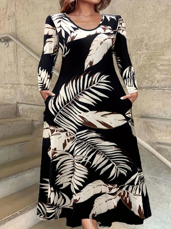 Haljina s okruglim izrezom i dugim rukavima, crvenim, šarenim biljnim ružama, digitalnim tiskom WD26