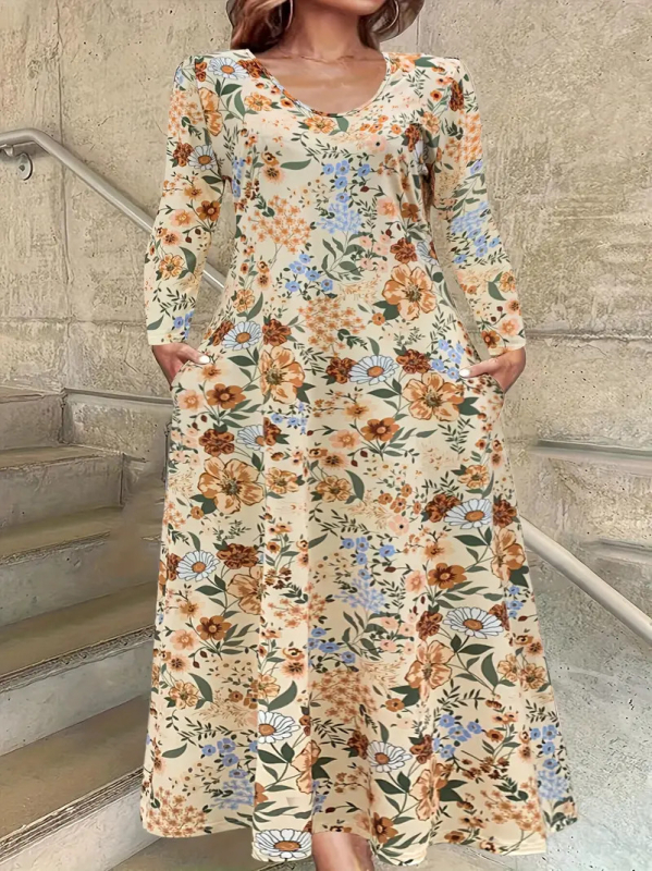 Haljina s okruglim izrezom i dugim rukavima, crvenim, šarenim biljnim ružama, digitalnim tiskom WD26