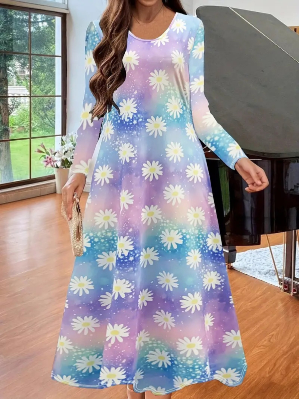 Haljina s okruglim izrezom i dugim rukavima, crvenim, šarenim biljnim ružama, digitalnim tiskom WD26