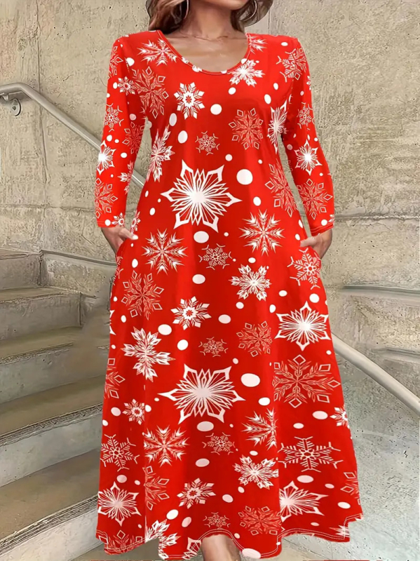 Haljina s okruglim izrezom i dugim rukavima, crvenim, šarenim biljnim ružama, digitalnim tiskom WD26