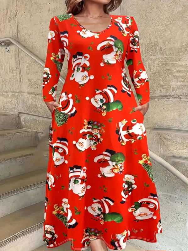 Haljina s okruglim izrezom i dugim rukavima, crvenim, šarenim biljnim ružama, digitalnim tiskom WD26