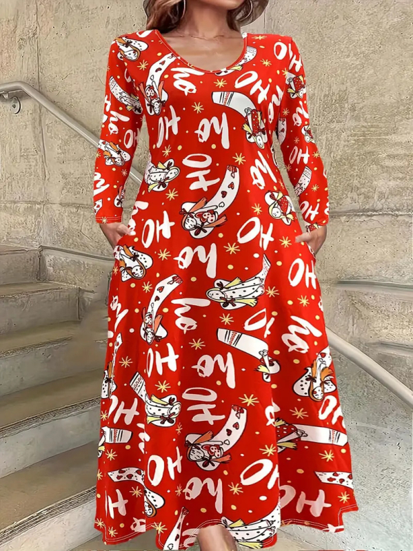 Haljina s okruglim izrezom i dugim rukavima, crvenim, šarenim biljnim ružama, digitalnim tiskom WD26