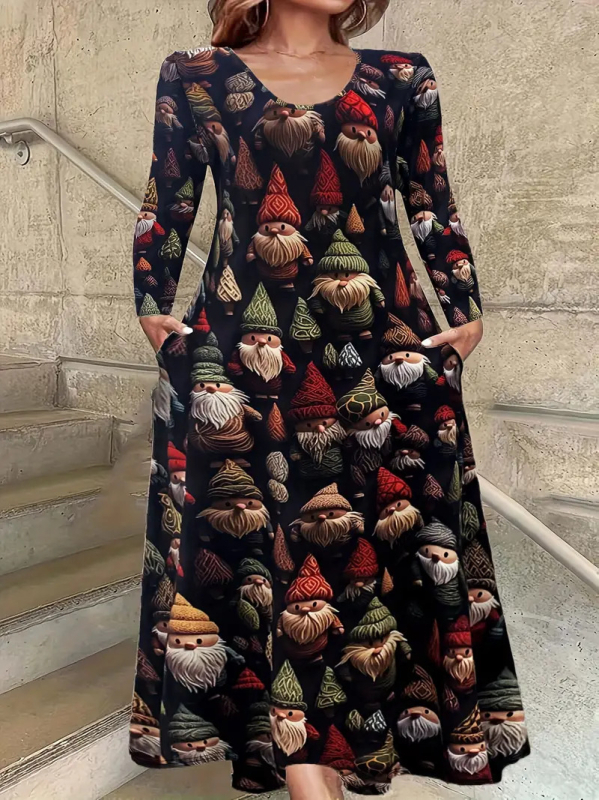 Haljina s okruglim izrezom i dugim rukavima, crvenim, šarenim biljnim ružama, digitalnim tiskom WD26