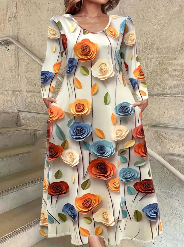 Haljina s okruglim izrezom i dugim rukavima, crvenim, šarenim biljnim ružama, digitalnim tiskom WD26