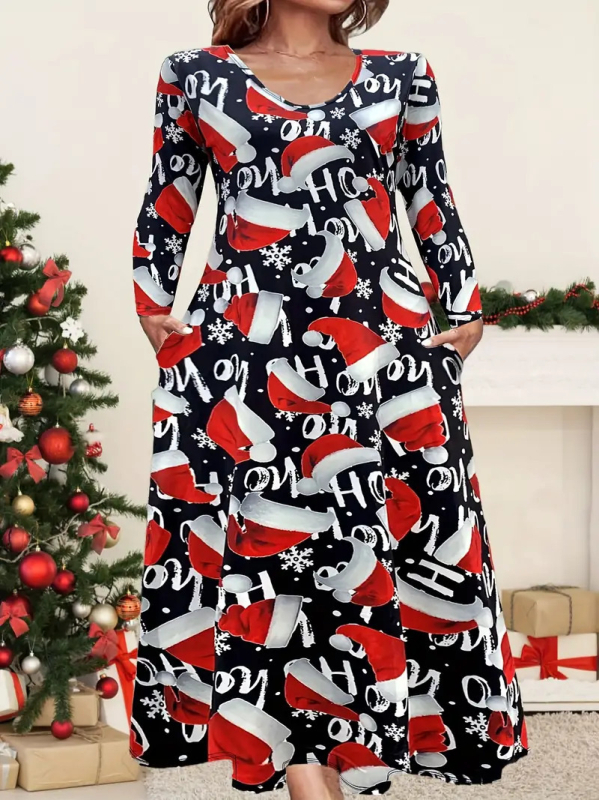 Haljina s okruglim izrezom i dugim rukavima, crvenim, šarenim biljnim ružama, digitalnim tiskom WD26