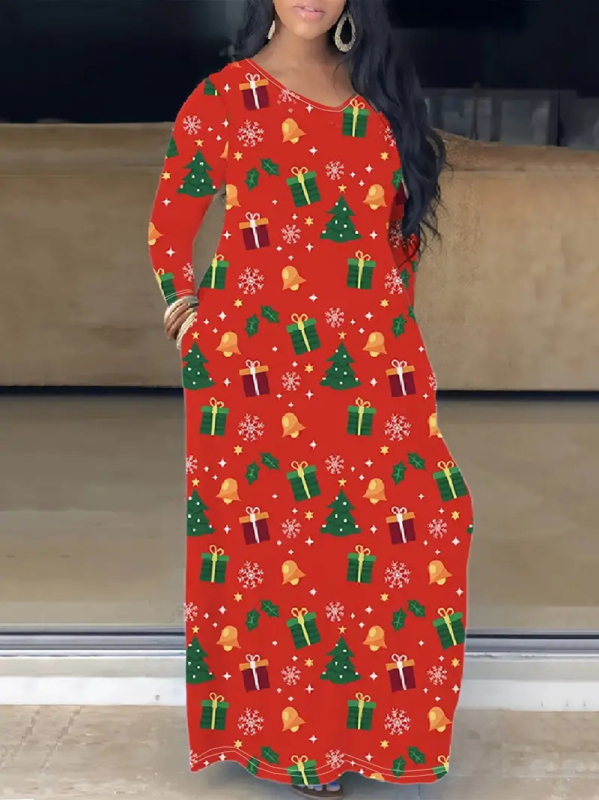 Haljina s okruglim izrezom i dugim rukavima, crvenim, šarenim biljnim ružama, digitalnim tiskom WD26