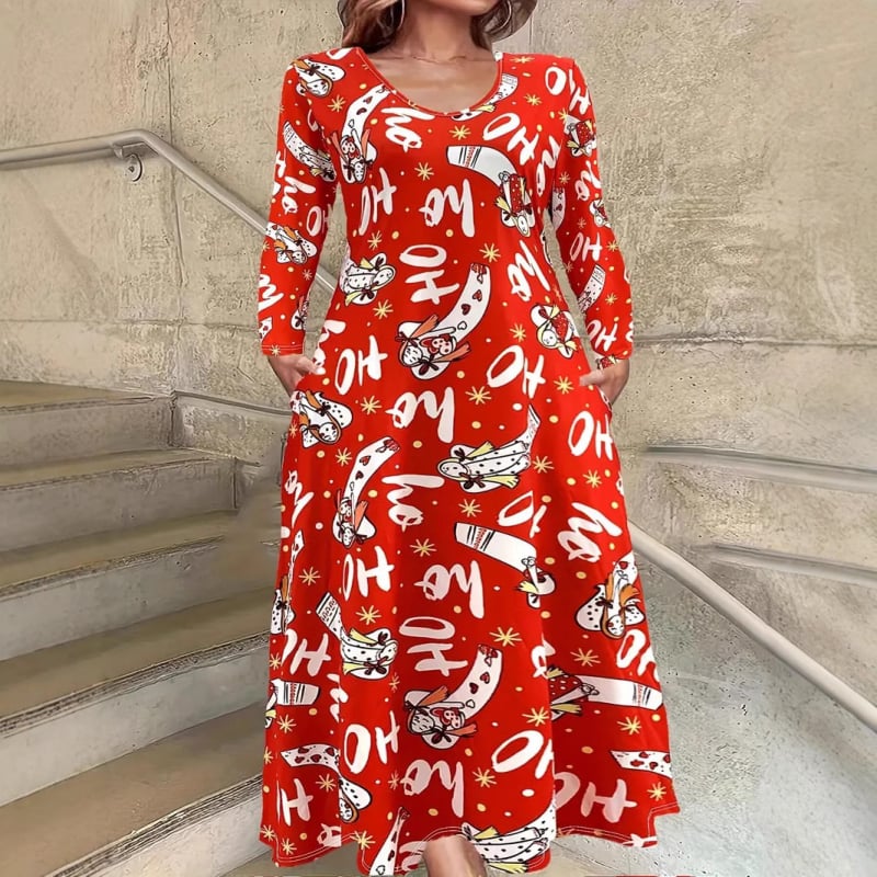 Rochie lungă cu guler rotund și mânecă lungă, pulover, culoare roșie, trandafir, plantă colorată, imprimare digitală WD26