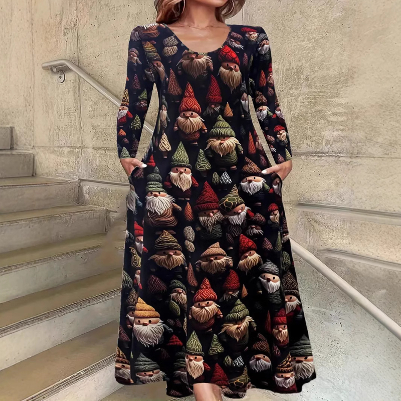 Haljina s okruglim izrezom i dugim rukavima, crvenim, šarenim biljnim ružama, digitalnim tiskom WD26