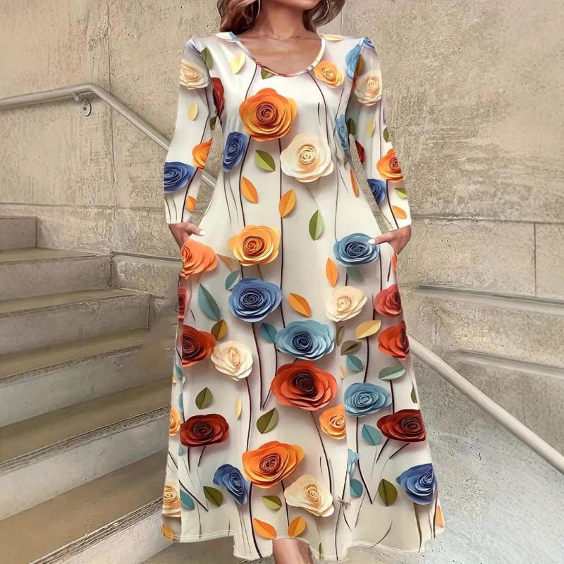 Haljina s okruglim izrezom i dugim rukavima, crvenim, šarenim biljnim ružama, digitalnim tiskom WD26