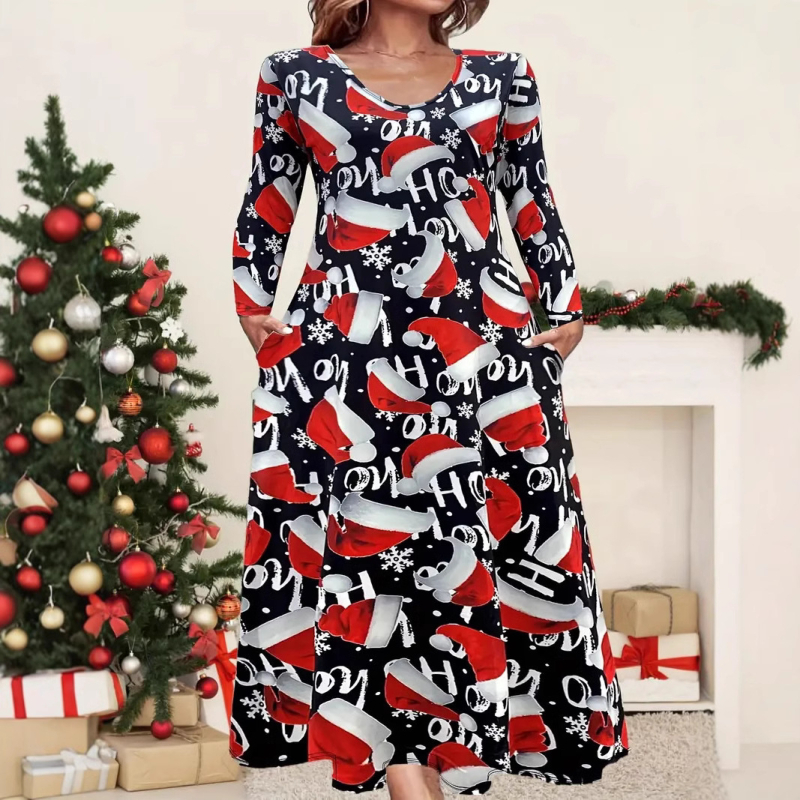 Haljina s okruglim izrezom i dugim rukavima, crvenim, šarenim biljnim ružama, digitalnim tiskom WD26