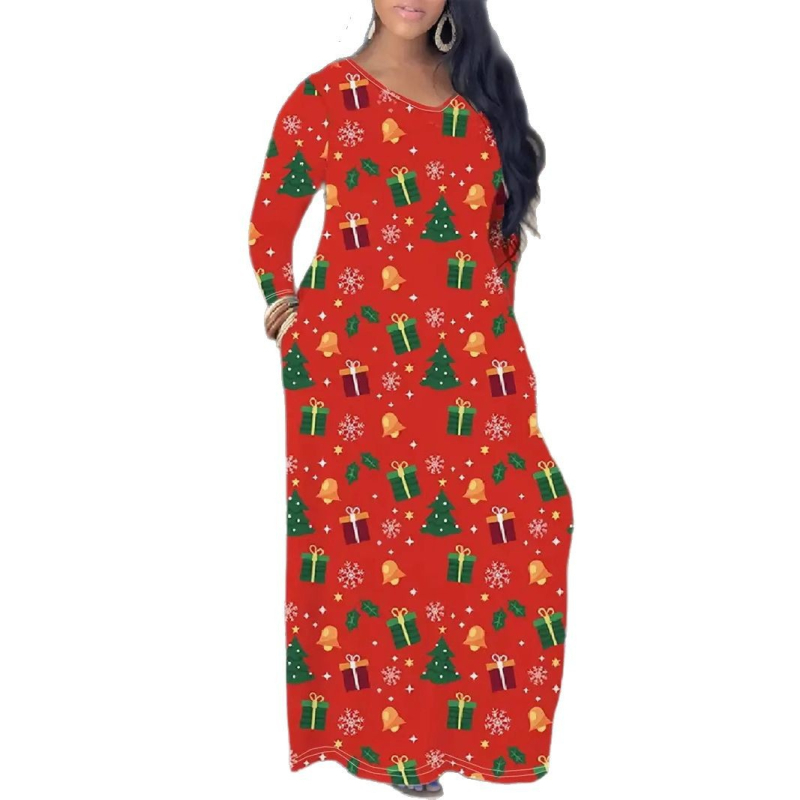 Haljina s okruglim izrezom i dugim rukavima, crvenim, šarenim biljnim ružama, digitalnim tiskom WD26