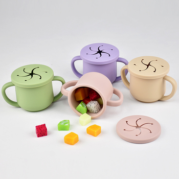 Karšto pardavimo vaikiškas silikoninis dvigubos ausies užkandžių puodelis su atidarymu, specialus mokymosi gėrimo puodelis kūdikiams ir mažiems vaikams, motinystės ir kūdikių reikmenys, kūdikio gėrimo puodelis