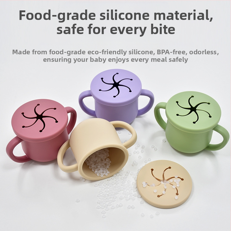 Най-продаваната детска силиконова чашка за закуски с двойно ухо и отвор, специална учебна чашка за пиене за кърмачета и малки деца, консумативи за майки и бебета, чашка за пиене на бебета