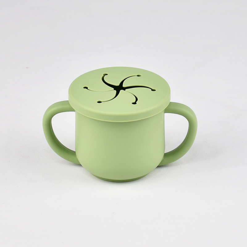 Karšto pardavimo vaikiškas silikoninis dvigubos ausies užkandžių puodelis su atidarymu, specialus mokymosi gėrimo puodelis kūdikiams ir mažiems vaikams, motinystės ir kūdikių reikmenys, kūdikio gėrimo puodelis