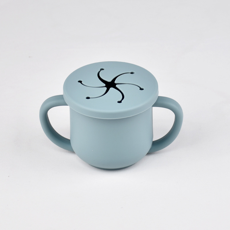 Karšto pardavimo vaikiškas silikoninis dvigubos ausies užkandžių puodelis su atidarymu, specialus mokymosi gėrimo puodelis kūdikiams ir mažiems vaikams, motinystės ir kūdikių reikmenys, kūdikio gėrimo puodelis