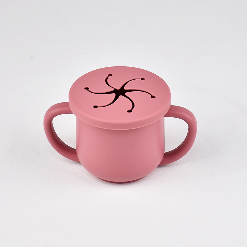 Karšto pardavimo vaikiškas silikoninis dvigubos ausies užkandžių puodelis su atidarymu, specialus mokymosi gėrimo puodelis kūdikiams ir mažiems vaikams, motinystės ir kūdikių reikmenys, kūdikio gėrimo puodelis