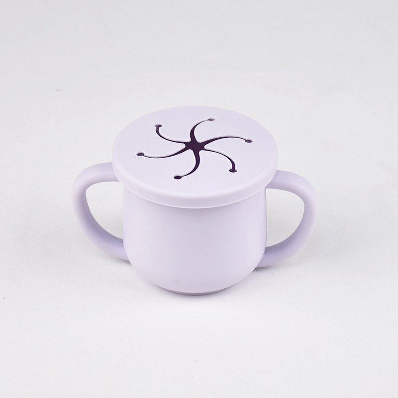 Karšto pardavimo vaikiškas silikoninis dvigubos ausies užkandžių puodelis su atidarymu, specialus mokymosi gėrimo puodelis kūdikiams ir mažiems vaikams, motinystės ir kūdikių reikmenys, kūdikio gėrimo puodelis