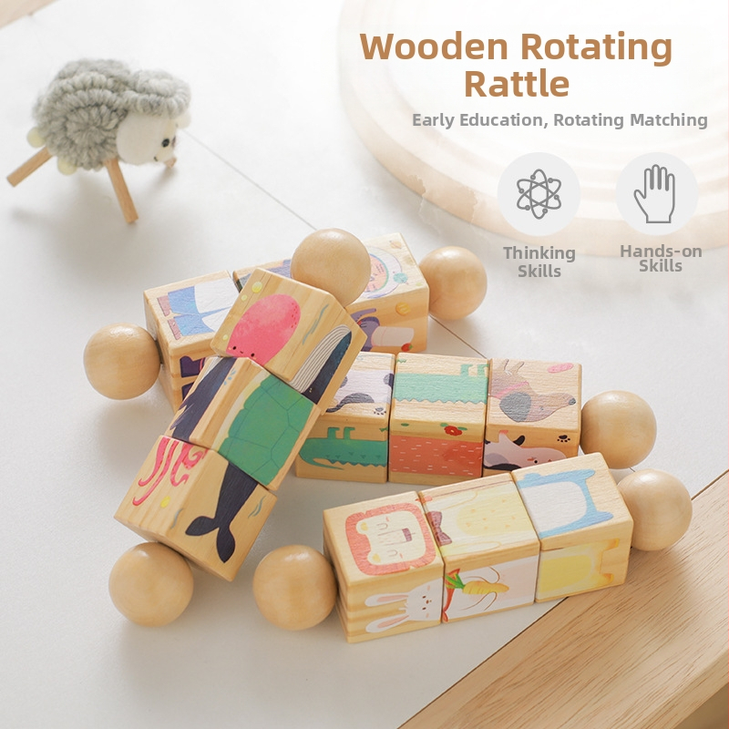 Piiriülene laste käsitsi kõristi puidust pöörlev loomaplokk-pusle beebi haarav alushariduse pöörlev sobitamise mänguasi
