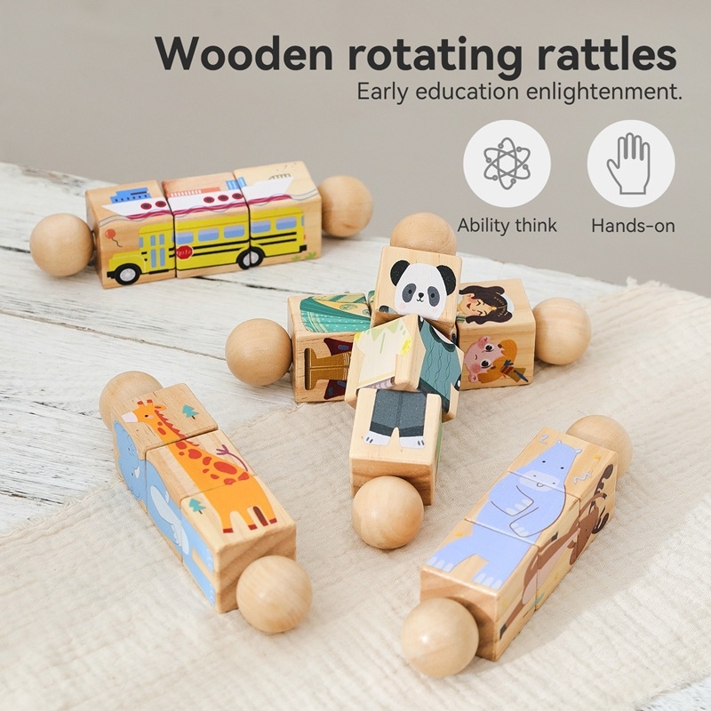 Tarpvalstybinis vaikiškas rankinis barškutis medinis besisukantis gyvūnų kaladėlių dėlionė kūdikiams, suimantis ankstyvojo ugdymo besisukantį atitikimo žaislą