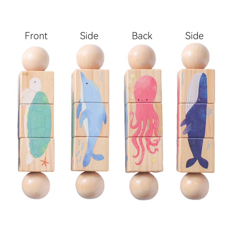 Tarpvalstybinis vaikiškas rankinis barškutis medinis besisukantis gyvūnų kaladėlių dėlionė kūdikiams, suimantis ankstyvojo ugdymo besisukantį atitikimo žaislą