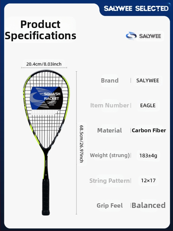 Salywee squashireket Red Eagle süsinikkiust komposiitmaterjalist ühes tükis professionaalne treeningreket Euroopa ja Ameerika spordialadele, ülikerge 185±5g