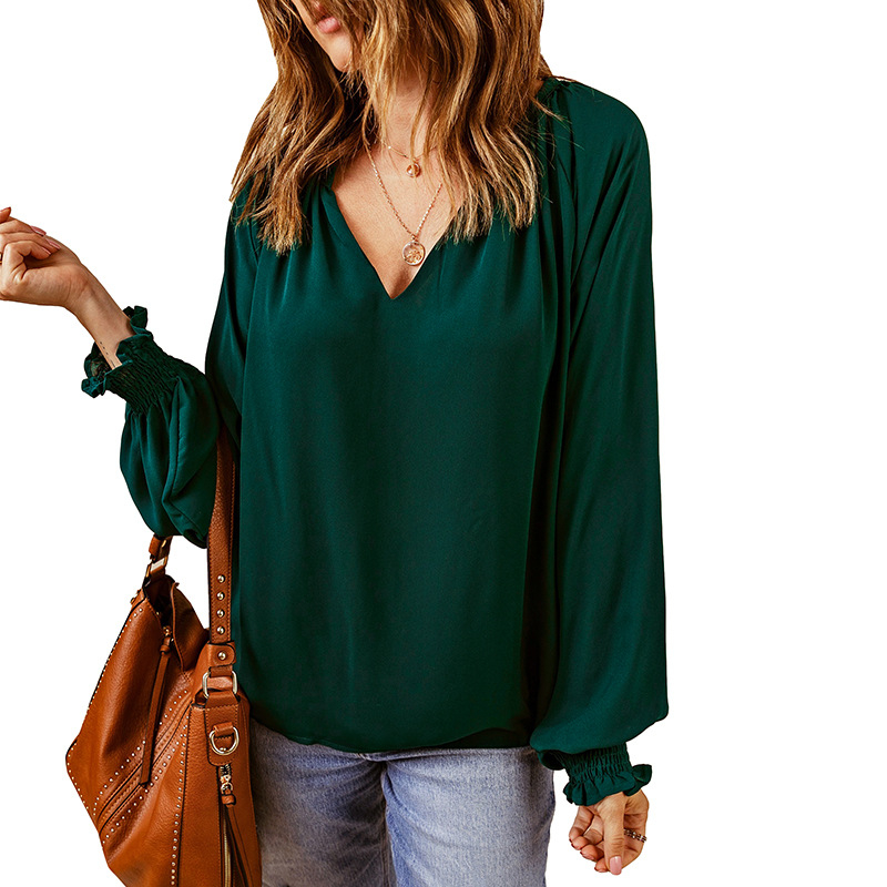 Shiying Pure Color Splicing Chiffon särk naistele kevad- ja sügiskollektsiooni uus piiriülene V-kaelusega pullover lahtise pikkade varrukatega top hulgimüük