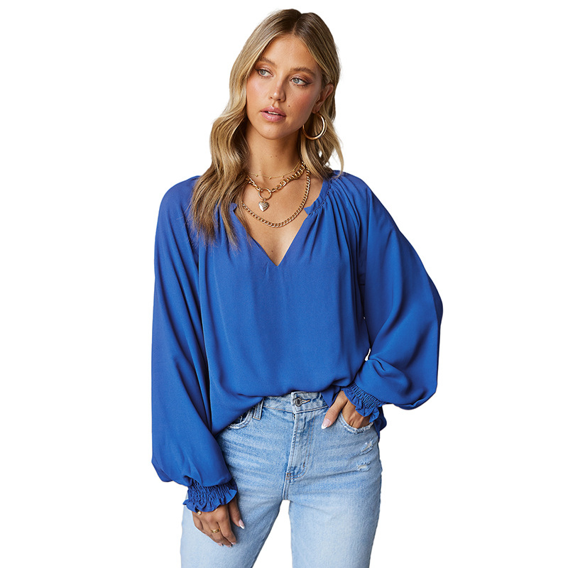 Shiying Pure Color Splicing Chiffon särk naistele kevad- ja sügiskollektsiooni uus piiriülene V-kaelusega pullover lahtise pikkade varrukatega top hulgimüük