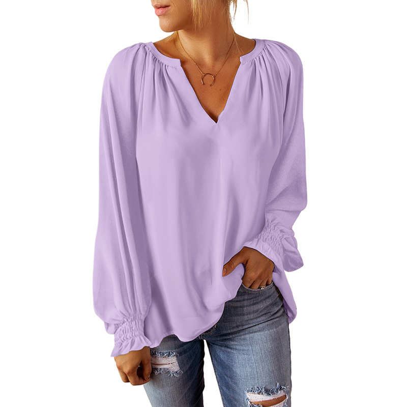 Shiying Pure Color Splicing Chiffon särk naistele kevad- ja sügiskollektsiooni uus piiriülene V-kaelusega pullover lahtise pikkade varrukatega top hulgimüük