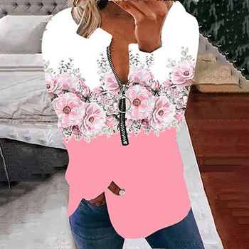 Διασυνοριακό εξωτερικό εμπόριο 2023 νέο γυναικείο πουλόβερ με στρογγυλή λαιμόκοψη και μισό φερμουάρ, τρισδιάστατα εκτυπωμένο χαλαρό casual μακρυμάνικο τοπ