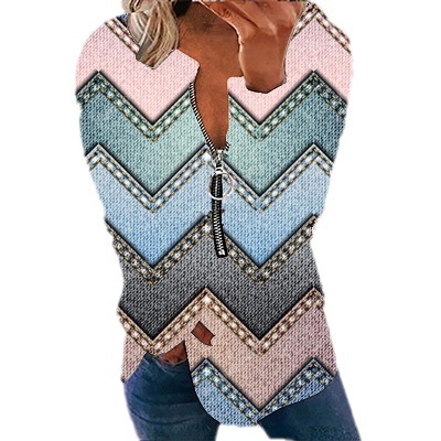 Διασυνοριακό εξωτερικό εμπόριο 2023 νέο γυναικείο πουλόβερ με στρογγυλή λαιμόκοψη και μισό φερμουάρ, τρισδιάστατα εκτυπωμένο χαλαρό casual μακρυμάνικο τοπ