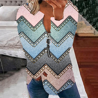 Διασυνοριακό εξωτερικό εμπόριο 2023 νέο γυναικείο πουλόβερ με στρογγυλή λαιμόκοψη και μισό φερμουάρ, τρισδιάστατα εκτυπωμένο χαλαρό casual μακρυμάνικο τοπ