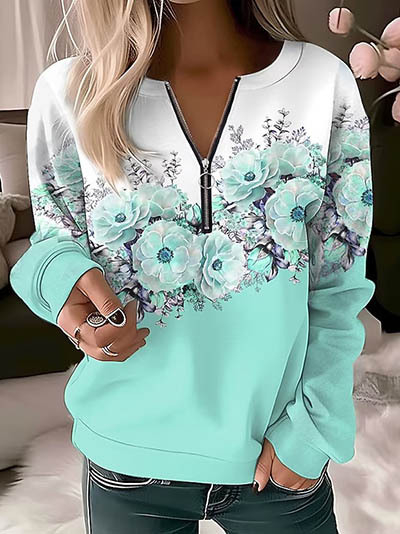 Διασυνοριακό εξωτερικό εμπόριο 2023 νέο γυναικείο πουλόβερ με στρογγυλή λαιμόκοψη και μισό φερμουάρ, τρισδιάστατα εκτυπωμένο χαλαρό casual μακρυμάνικο τοπ