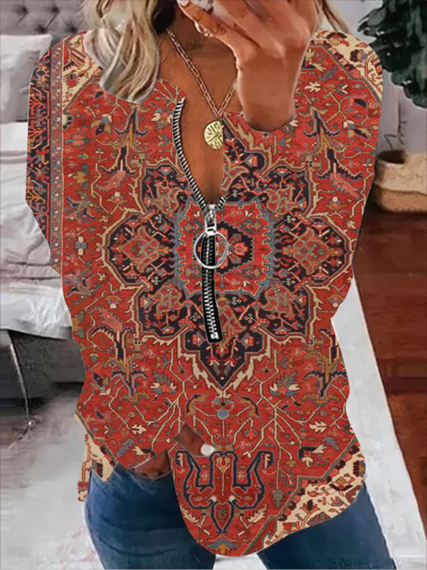 Διασυνοριακό εξωτερικό εμπόριο 2023 νέο γυναικείο πουλόβερ με στρογγυλή λαιμόκοψη και μισό φερμουάρ, τρισδιάστατα εκτυπωμένο χαλαρό casual μακρυμάνικο τοπ