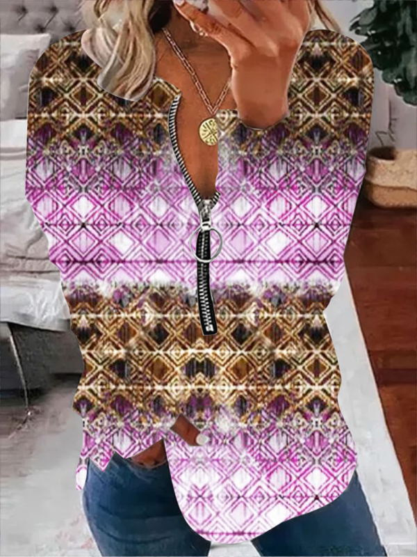 Διασυνοριακό εξωτερικό εμπόριο 2023 νέο γυναικείο πουλόβερ με στρογγυλή λαιμόκοψη και μισό φερμουάρ, τρισδιάστατα εκτυπωμένο χαλαρό casual μακρυμάνικο τοπ