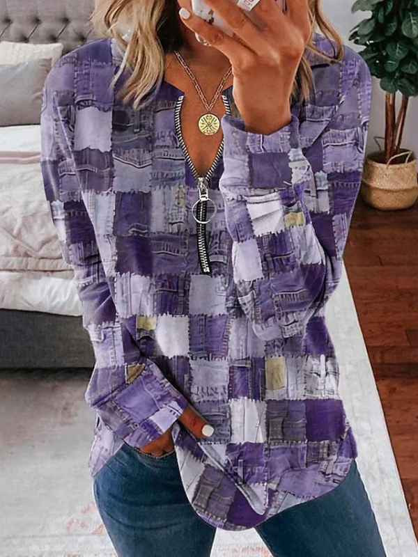 Διασυνοριακό εξωτερικό εμπόριο 2023 νέο γυναικείο πουλόβερ με στρογγυλή λαιμόκοψη και μισό φερμουάρ, τρισδιάστατα εκτυπωμένο χαλαρό casual μακρυμάνικο τοπ