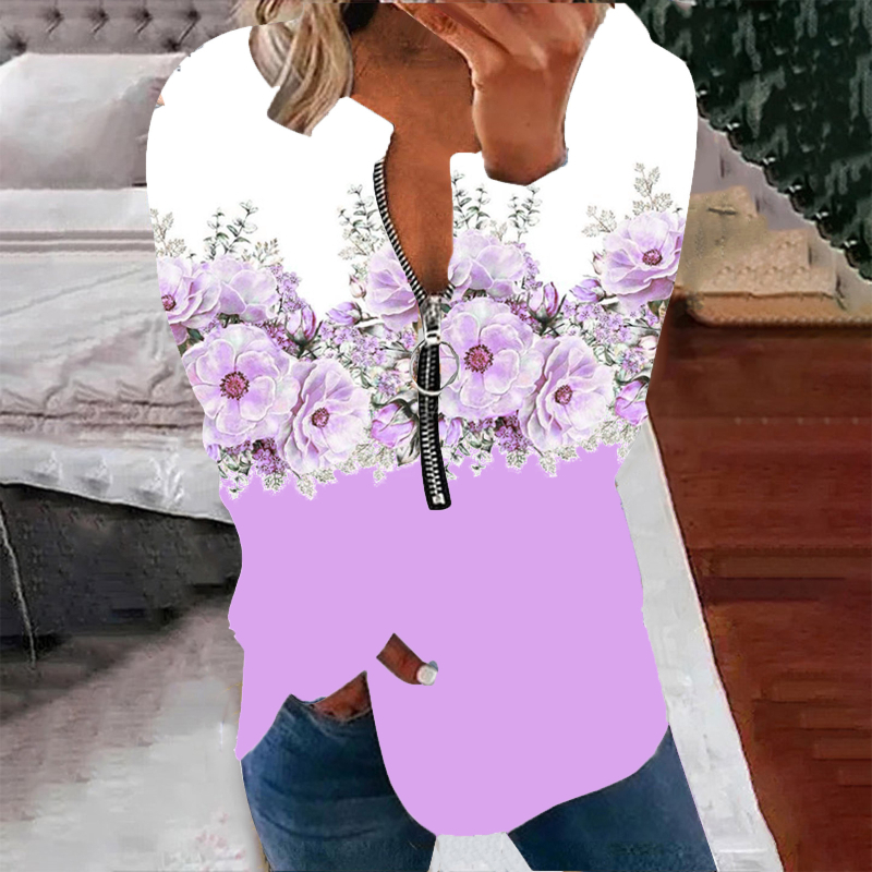 Διασυνοριακό εξωτερικό εμπόριο 2023 νέο γυναικείο πουλόβερ με στρογγυλή λαιμόκοψη και μισό φερμουάρ, τρισδιάστατα εκτυπωμένο χαλαρό casual μακρυμάνικο τοπ