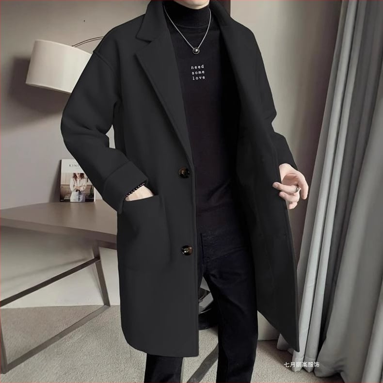 Αντιανεμικό μπουφάν μεσαίου μήκους από μάλλινο ύφασμα, ανδρικό, φθινόπωρο και χειμώνας 2024, νέο, ανδρικό, μοντέρνο, χαλαρό, μάλλινο μπουφάν με χοντρό φινίρισμα