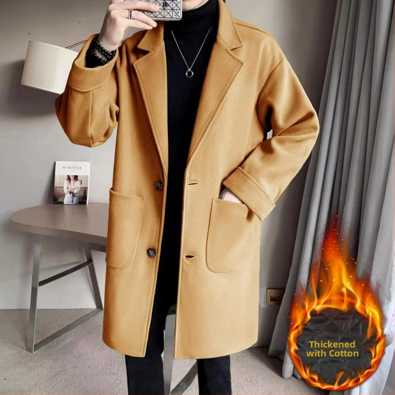 Jachetă de lână Windbreaker de lungime medie pentru bărbați, toamna și iarna 2024, nouă, la modă pentru bărbați, vrac, îngroșată, din lână, Ligho