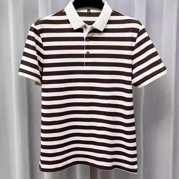 Νέο καλοκαιρινό, ριγέ βαμβακερό ανδρικό πόλο με κοντομάνικο μπλουζάκι και μοτίβο ανανά, μοντέρνο, χαλαρό, κλειστό γιακά, ανδρικά ρούχα