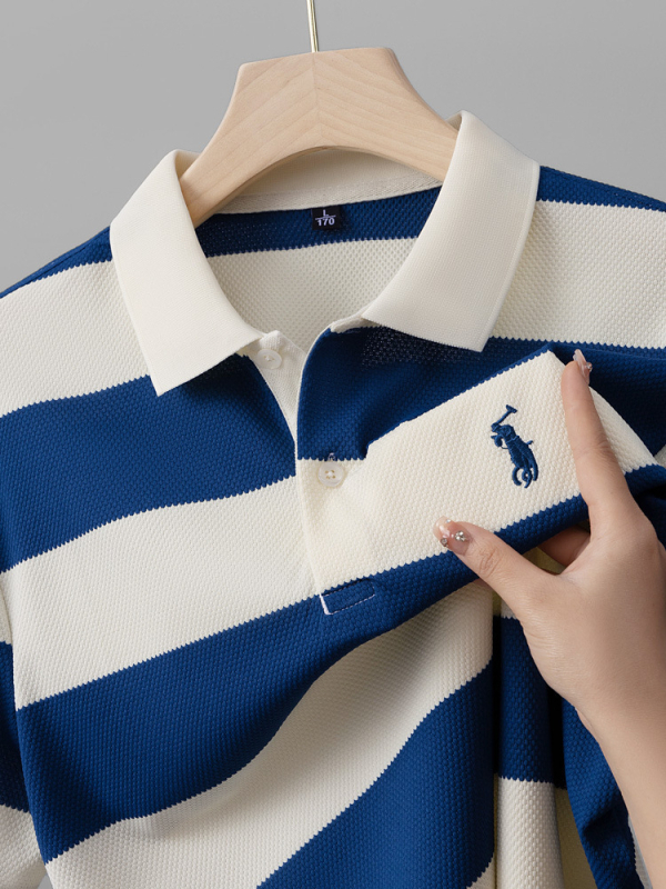 Nyári új csíkos pamut férfi rövid ujjú póló, lezser ananászmintás póló, divatos, laza, lehajtott gallérú férfi ruházat