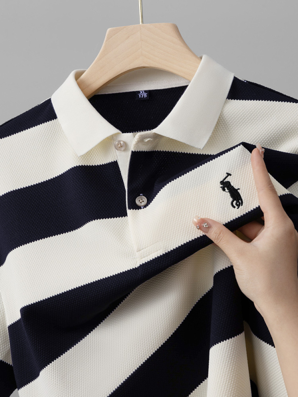 Nyári új csíkos pamut férfi rövid ujjú póló, lezser ananászmintás póló, divatos, laza, lehajtott gallérú férfi ruházat