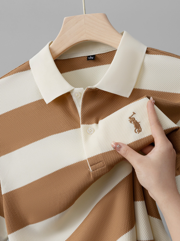 Nyári új csíkos pamut férfi rövid ujjú póló, lezser ananászmintás póló, divatos, laza, lehajtott gallérú férfi ruházat