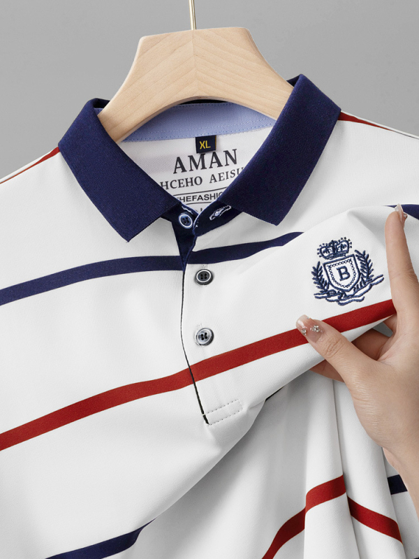 Nyári új csíkos pamut férfi rövid ujjú póló, lezser ananászmintás póló, divatos, laza, lehajtott gallérú férfi ruházat