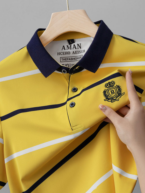 Nyári új csíkos pamut férfi rövid ujjú póló, lezser ananászmintás póló, divatos, laza, lehajtott gallérú férfi ruházat