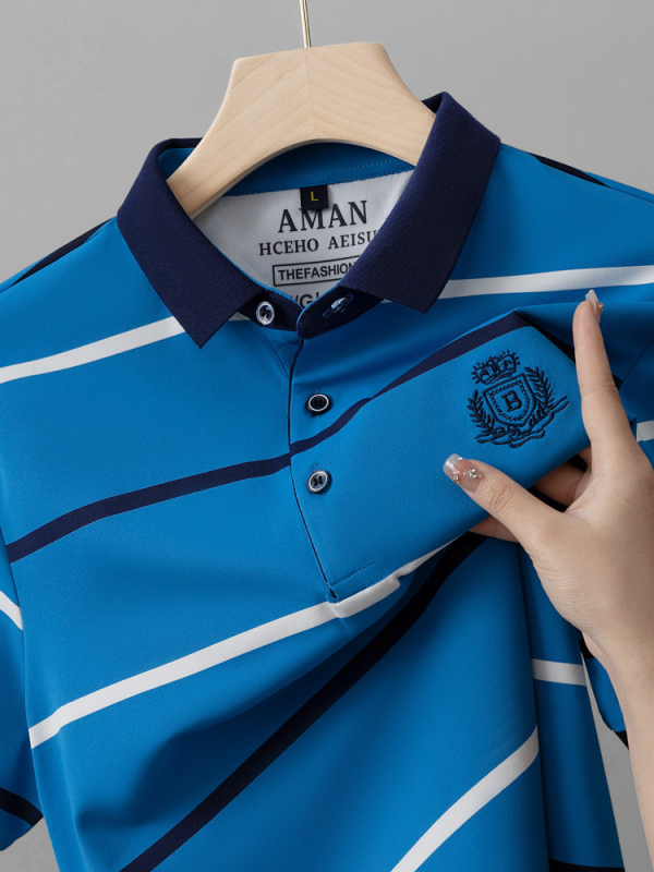 Nyári új csíkos pamut férfi rövid ujjú póló, lezser ananászmintás póló, divatos, laza, lehajtott gallérú férfi ruházat