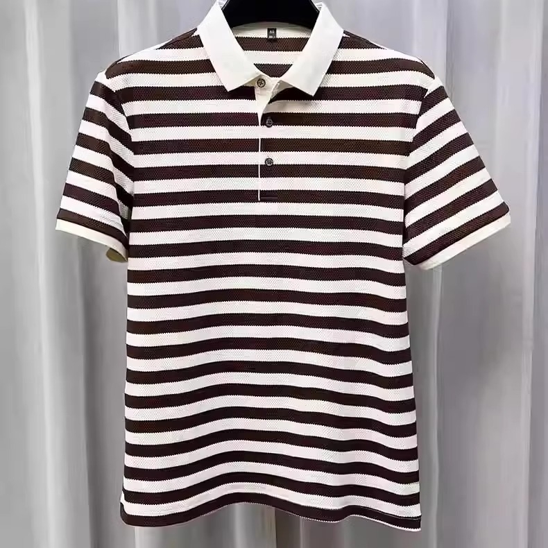 Nyári új csíkos pamut férfi rövid ujjú póló, lezser ananászmintás póló, divatos, laza, lehajtott gallérú férfi ruházat