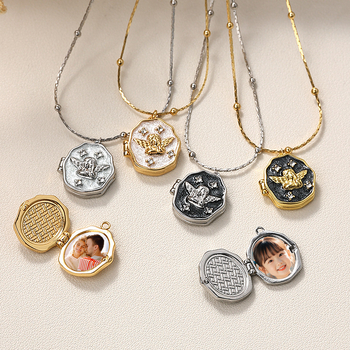 Piiriülene populaarne fotokarbikaelakee, galvaniseeriv värvi säilitav isikupärastatud ingli ripats, kaasaskantav avatav mälestusfotoalbumi kaelakee