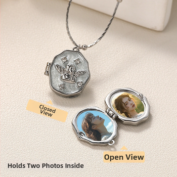 Piiriülene populaarne fotokarbikaelakee, galvaniseeriv värvi säilitav isikupärastatud ingli ripats, kaasaskantav avatav mälestusfotoalbumi kaelakee