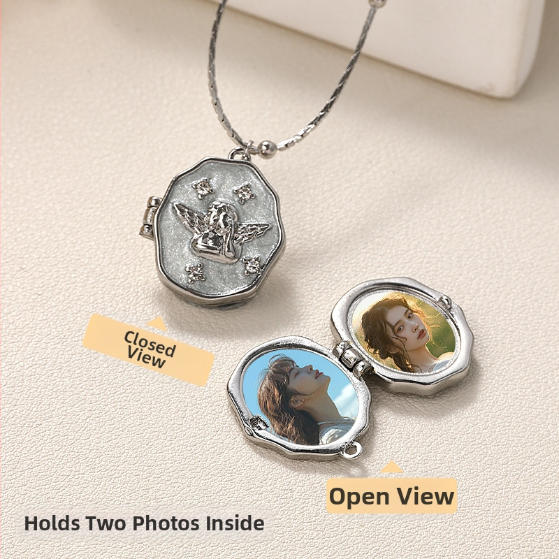 Cezhraničný populárny náhrdelník s fotografickou krabičkou, galvanicky pokovovaný, zachovávajúci farbu, personalizovaný anjelský prívesok, prenosný otvárateľný pamätný náhrdelník s fotografickým albumom