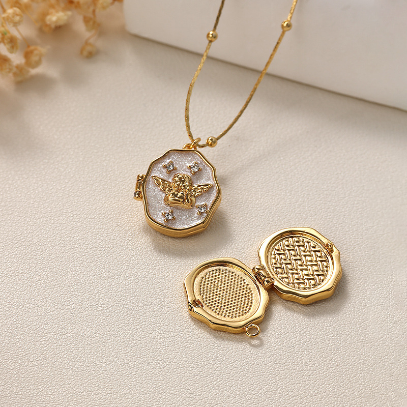 Piiriülene populaarne fotokarbikaelakee, galvaniseeriv värvi säilitav isikupärastatud ingli ripats, kaasaskantav avatav mälestusfotoalbumi kaelakee